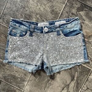 DAYTRIP Y2K Silver Sequin Blue Denim Distressed Urban Coquette Coastal Shorts